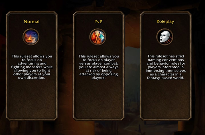 Normal, PvP and Roleplay selection shown in Blizzard’s Forever Deep Dive
